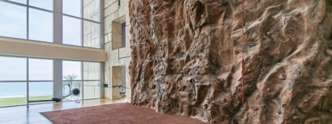 interior shot pf the resort's rock gym. The wall extends the length of the wall and there is a brown mat at the base of the wall. There are floor to ceiling windows on the other wall bringing in natural light and a view of the ocean