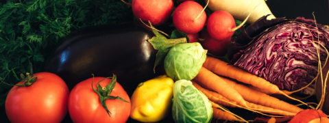 a detail shot of fresh vegetable. There are carrots, tomatoes, brussel sprouts, cabbage and radishes