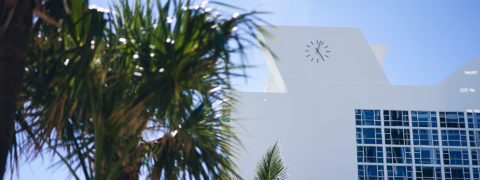 an exterior shot of the building. the building is white with angular details. There are rows of blue tinted windows and an analogue clock with strikes to symbolize numbers on the top of the building. In the foreground are green palm tree leaves
