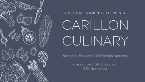 culinary title card with carillon culinary headline and white illustrations of vegetables