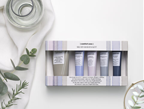 gift set of skincare products with some greenery, fabric and decor