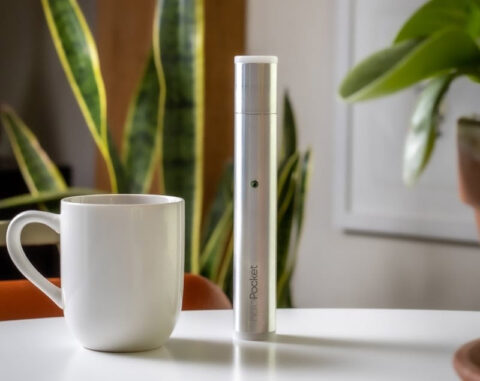 coffee cup next to halo pen on a counter with green plant in the background