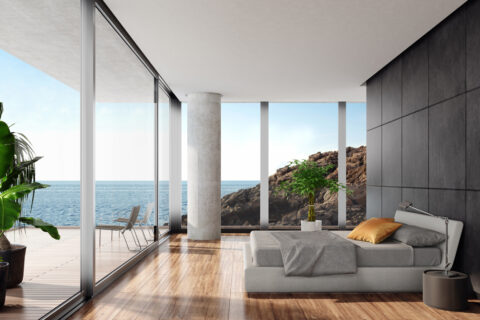 modern interior bedroom with view of the ocean