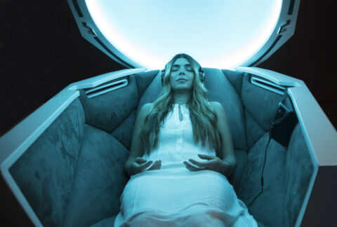 woman meditating in pod with blue lighting