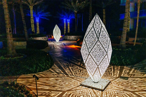 Art installation with geometric patterns and shapes